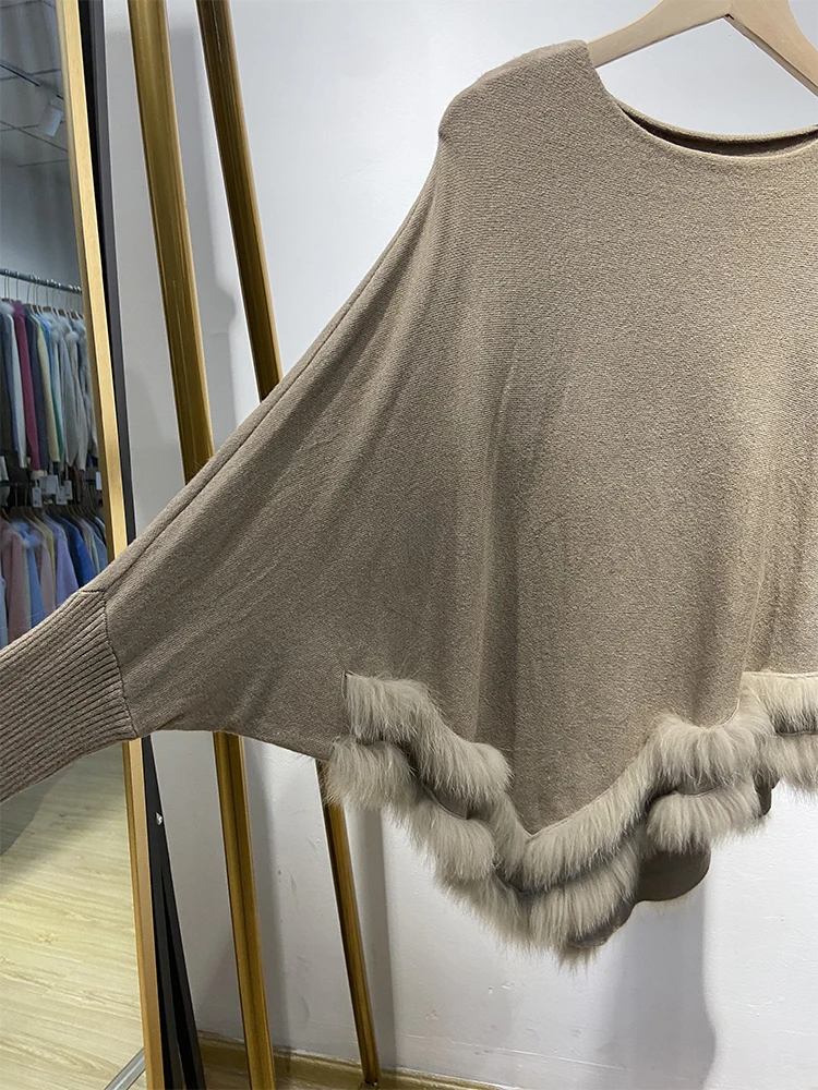 2025年女性用秋の本物のキツネの毛皮ニットオーバーサイズグレーセーターマント本物のキツネの毛皮無地ニットケープ