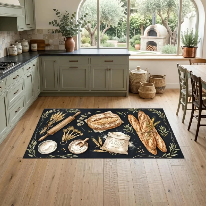 Newest Doormat Watercolor Bread Baking Tools Wheat Print Washable Non Slip Long Kitchen Runner Rug for Living Room Bedroom