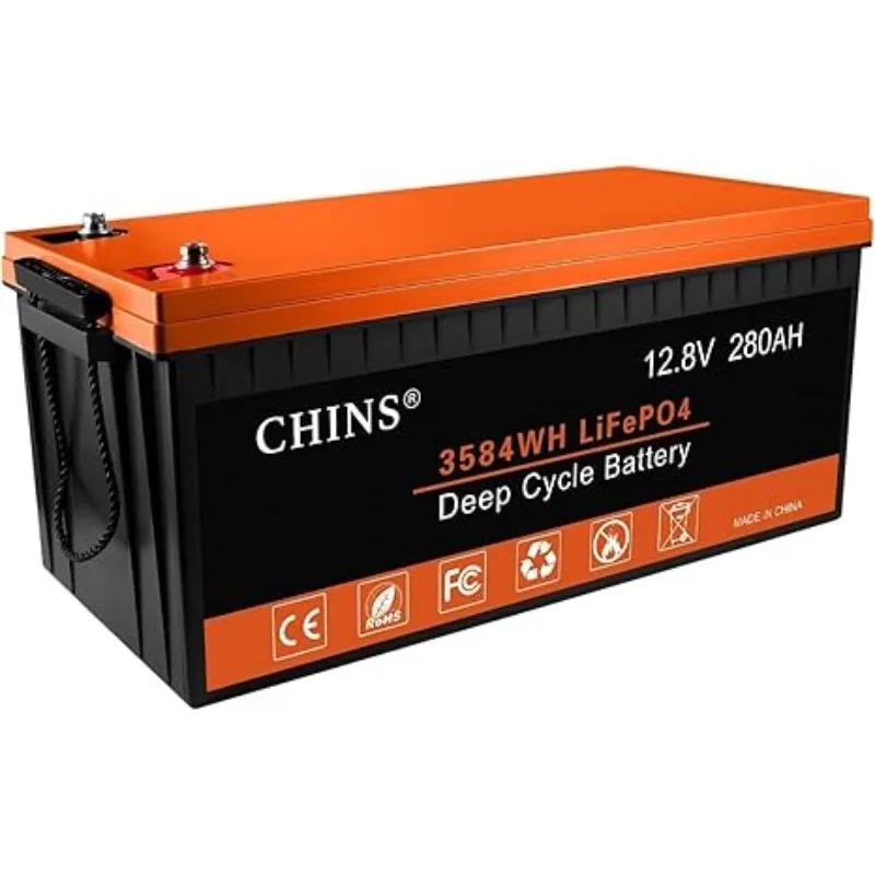 CHINS LiFePO4 Battery 12V 280AH Lithium Battery, Built-in 200A BMS, 6000+ Cycles, Includes Low Temperature Cut-off Function