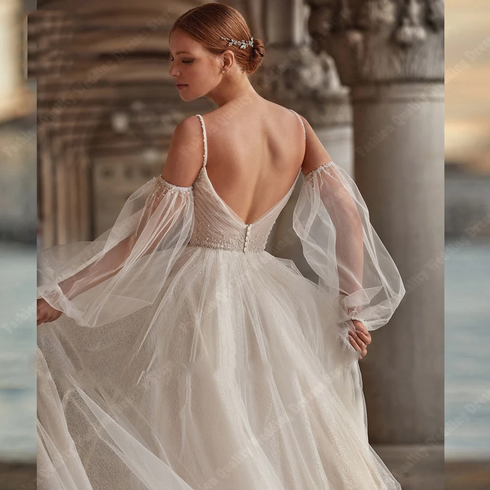 Modest Spaghetti Straps Vestidos de casamento, Off Shoulder Tulle, Querida Collar, Long Bridal Vestidos, Mopping Comprimento