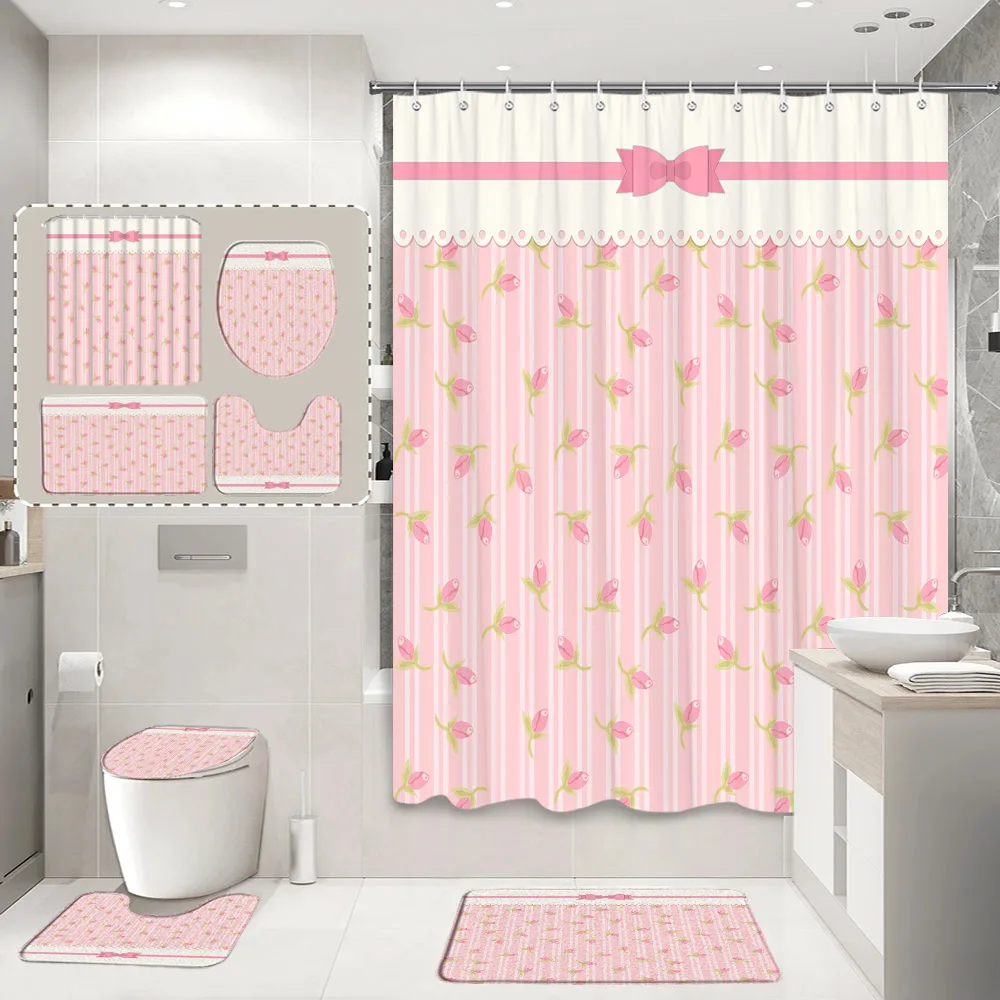 Pink Bow Shower Curtain And Rug Bathroom Set Striped Love Lace Gift Polyester Shower Curtains Bath Mat Bathroom Decor With Hooks