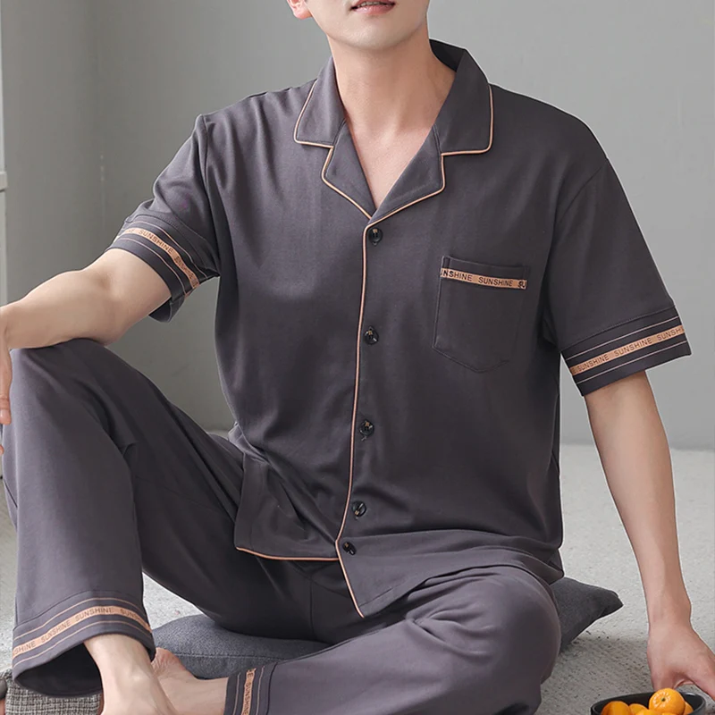 Summer Pajamas For Men's Cotton Pajama Set Short Sleeve Pocket Button Down Shirt & Pants Pyjama For Boy Sets Pijama Home Suit