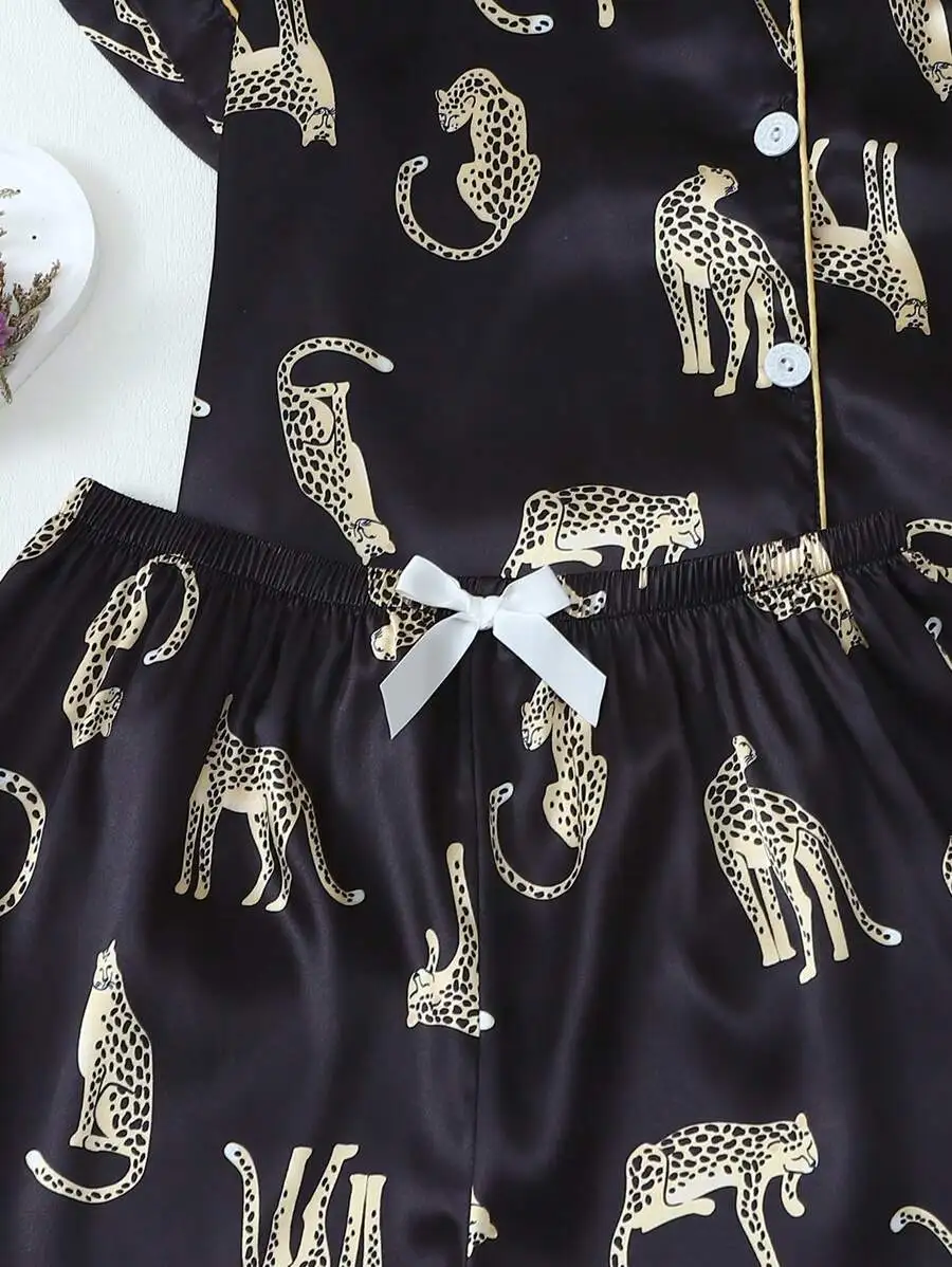 2pcs Satin Leopard Print Short Sleeve Top And Bowknot Shorts Women Pajama Set For Home Spring Summer