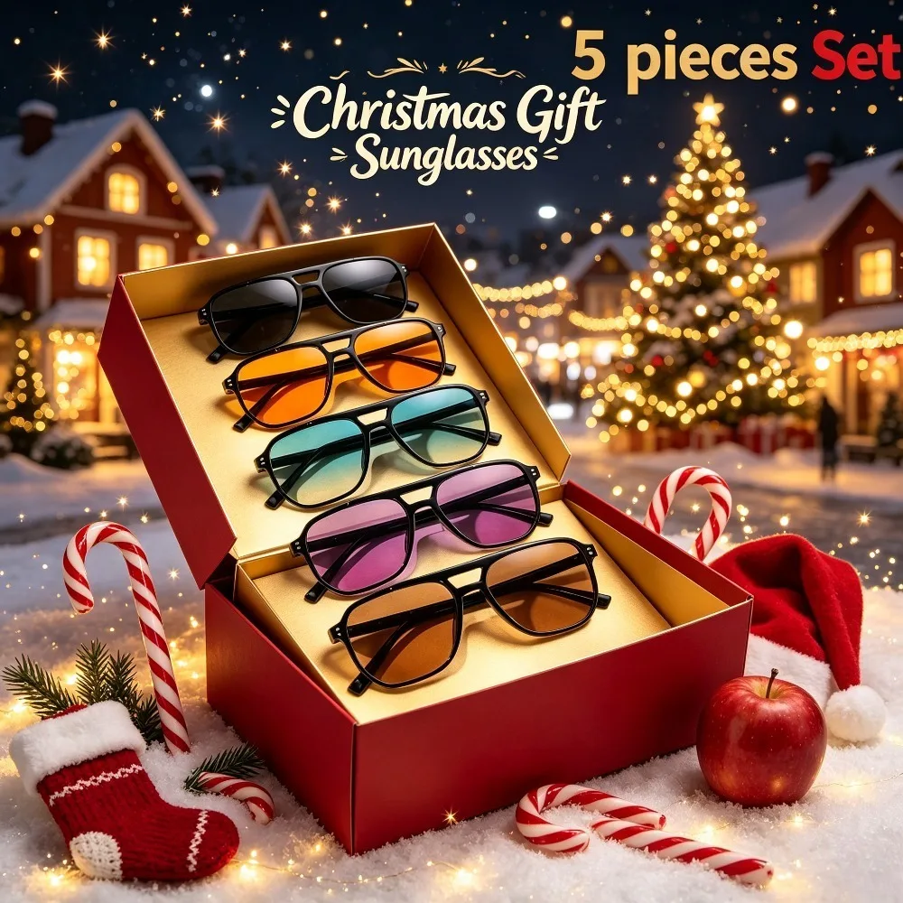 5Pcs Set Double Bridge Square Frame Sunglasses, Unisex Universal Black Frame Fashion Eyewear, Assorted Multi Color Tinted Lens, Christmas Gift Trendy Decorative Glasses for Men Women Party Daily Matching