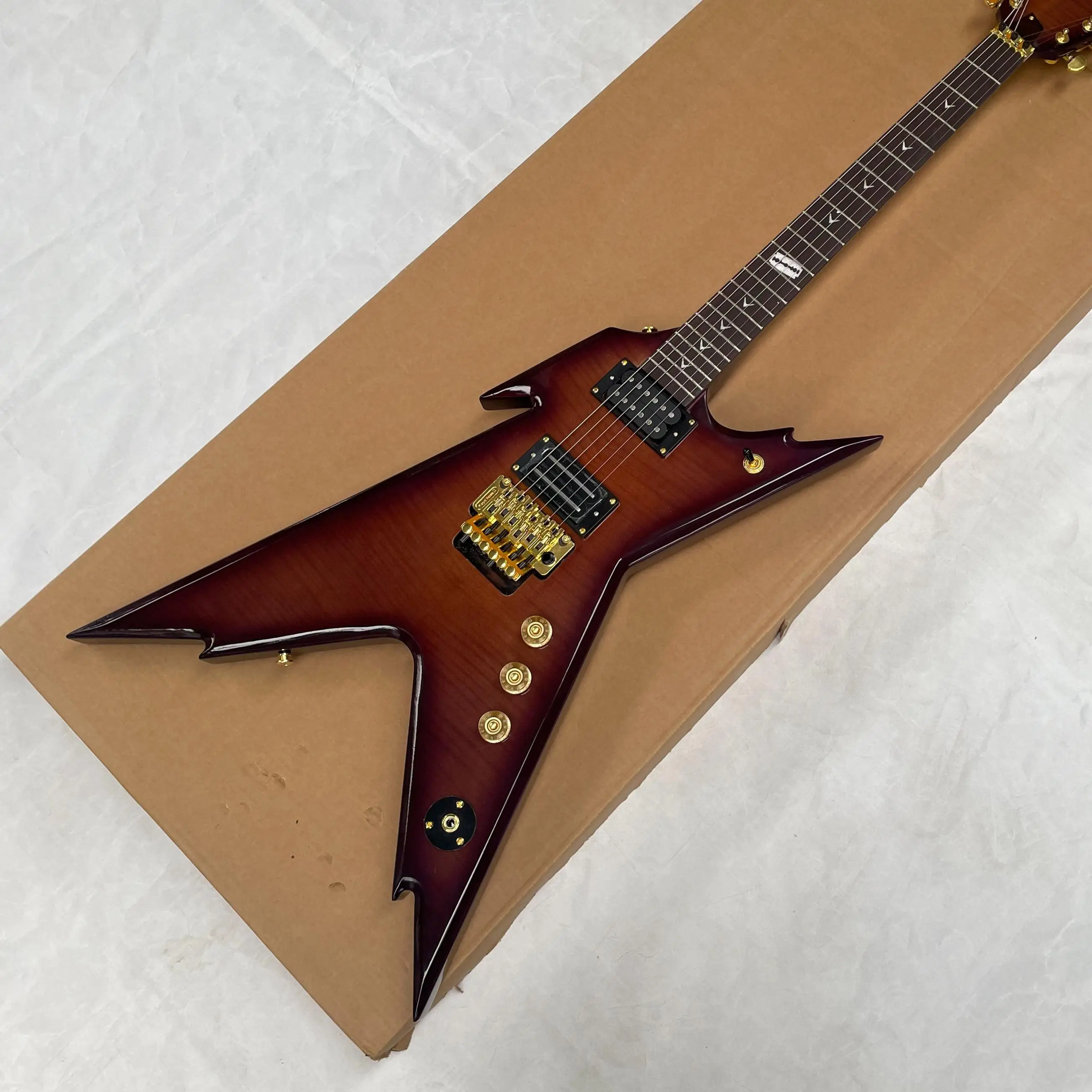 V Electric Guitar, Sunburst Front + Trans Purple Back, Flame Maple Top, HH Pickups, Gold Tremolo, Arrow Inlays