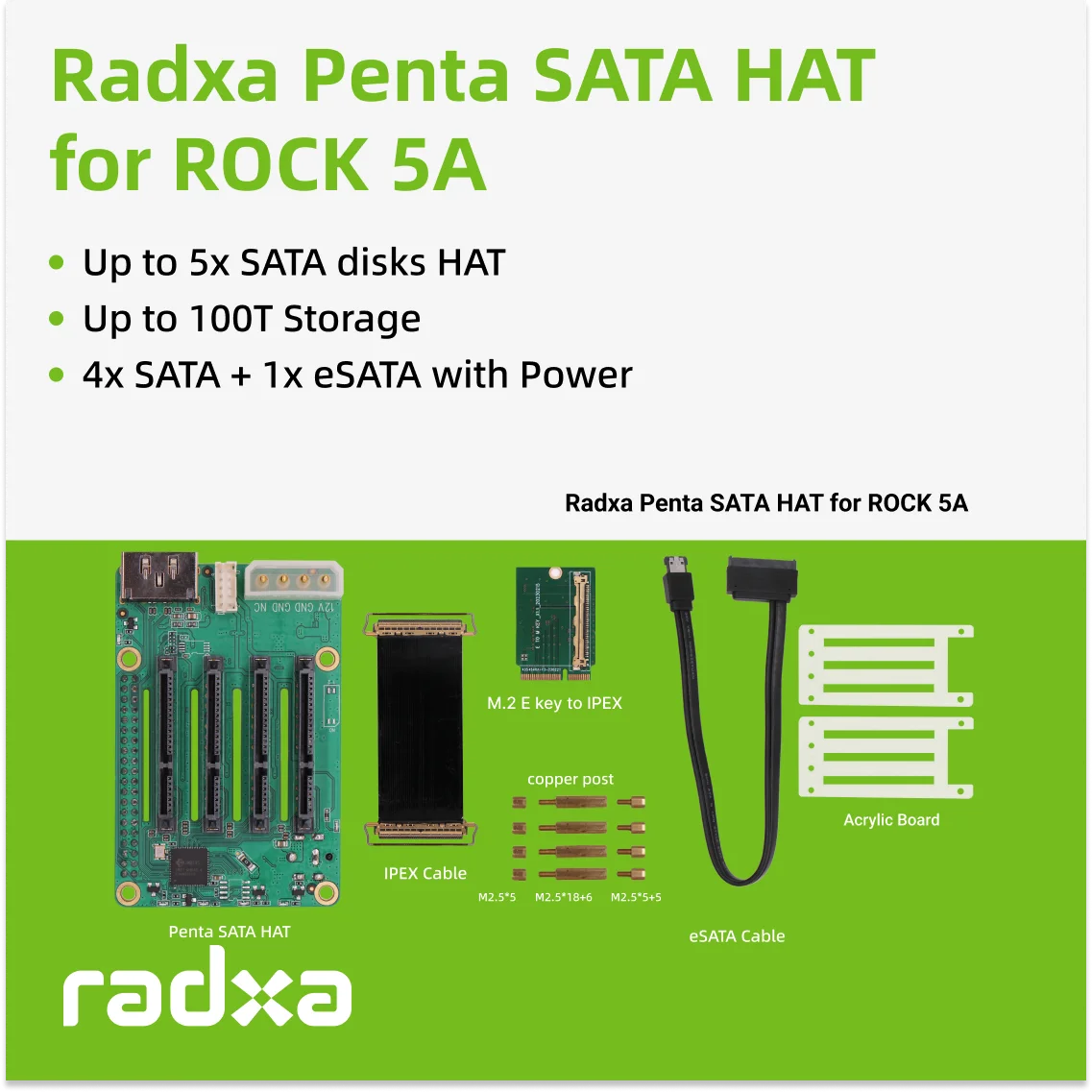 Radxa Penta SATA HAT - Do 5x dysków SATA HAT dla Raspberry Pi 5 i ROCK Pi SBCs, 3C,5A, 4A / 4B / 4SE / 4A+ / 4B+ / 3A