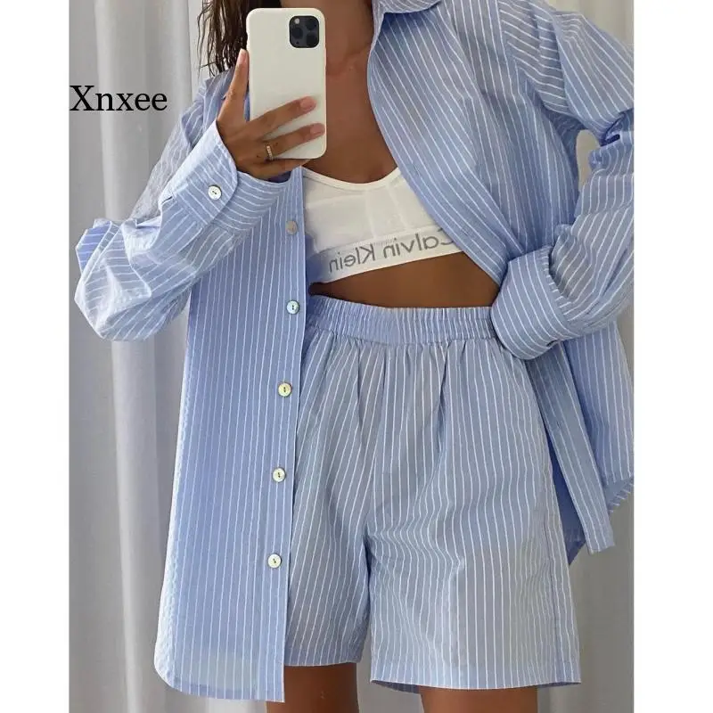 

Loung Wear Women's Home Clothes Stripe Long Sleeve Shirt Tops and Loose High Waisted Mini Shorts Two Piece Set Pajamas