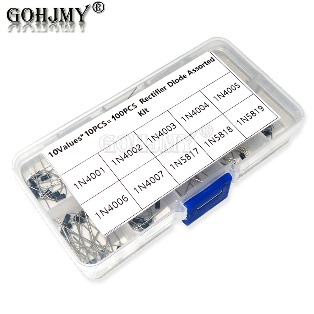 100Pcs 10 Values Rectifier Diode Assorted Kit box 1N4001 1N4002 1N4003 1N4004 1N4005 1N4006 1N4007 1N5817 1N5818 1N5819 new