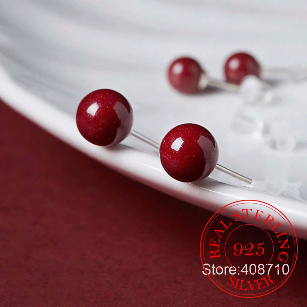 925 Sterling Silver Jewelry Natural Cinnabar Red Ball Stud Earrings for Women Wedding Party Jewelry for Girls Friend Gift