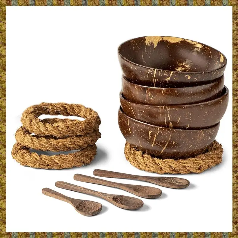 F-F Cuencos de coco con cucharas y soportes - Juego de 4 cuencos de cáscara de coco + cucharas de madera y soportes sin observación para ensalada