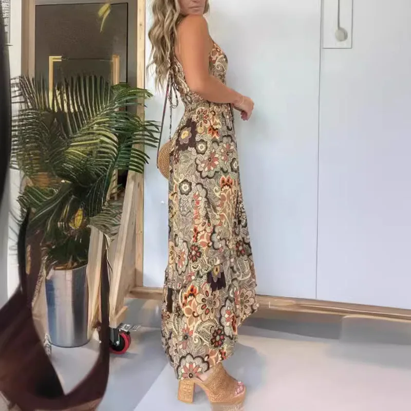 

New Women Fashion V Neck Printed Beach Style Strappy Sundress Floral Summer Dress Casual Boho Chic Flowy Vacation Outfit Coastal