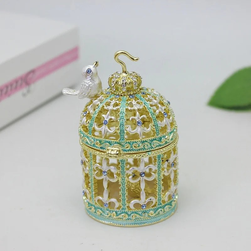 SHINNYGIFTS Hand Painted Pewter Enamel Hollow birdcage decoration box desktop ornament