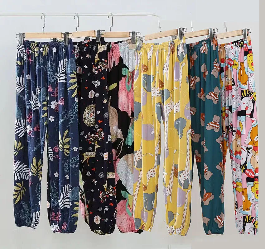 

Summer Sleep Soft Wear Women Pajama Printed Loose Sleeping Bottoms Cotton Pants Female Calf-Length Pants Lounge Home Wear 2022