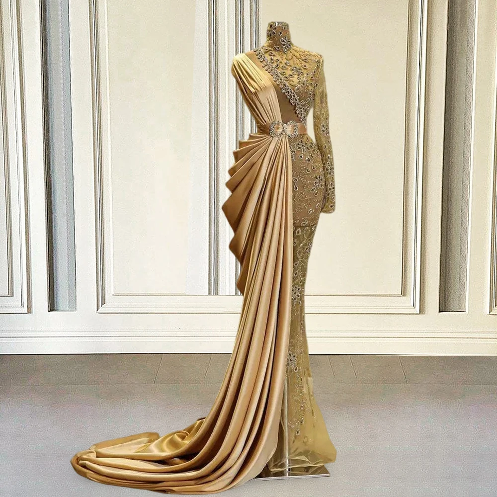 Gold Sparkling Dubai Evening Dress Long Sleeves 2024 Luxury Mermaid Beaded African Women Prom Gown Special Occasions Customized