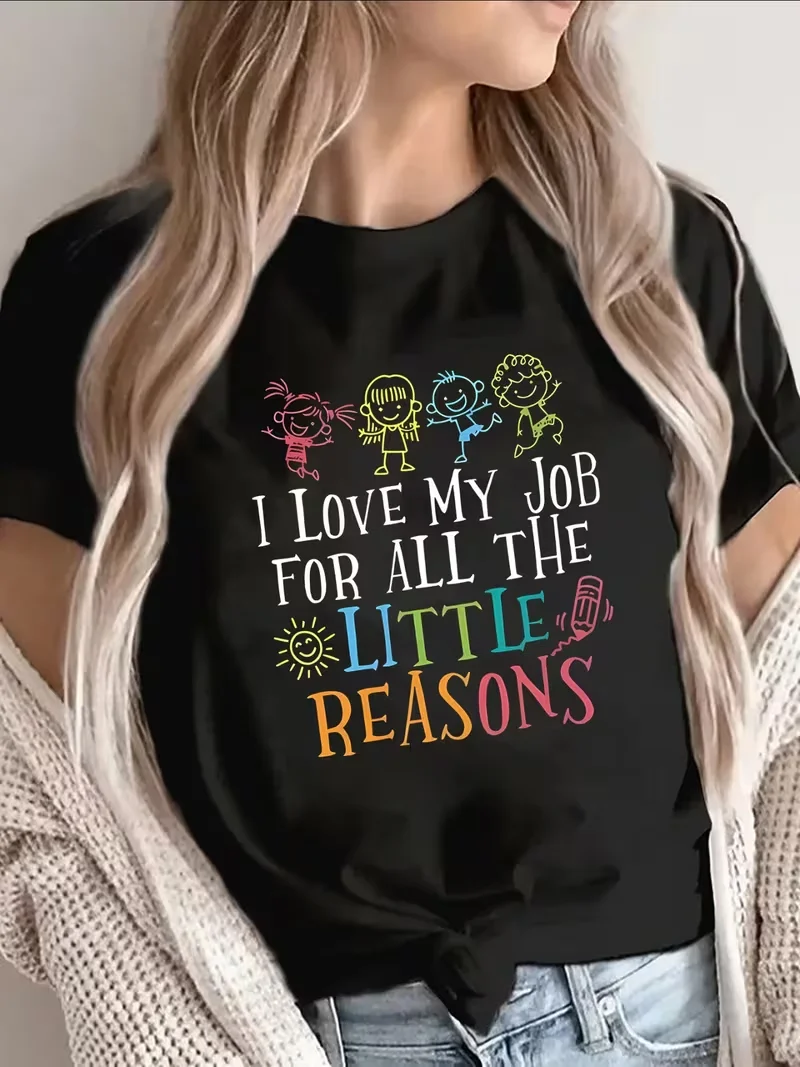Womens I Love My Job Teacher's Pattern Tshirt Casual Top Short Sleeve Tee for Work Motivation and Daily Casual Wear Gift