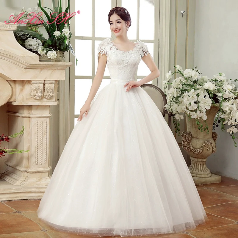 AnXin SH princess white flower sparkly lace v neck short sleeve beading crystal ball gown lace up bride customized wedding dress