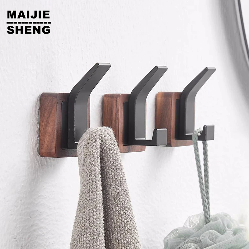 No Drilling Towel Hooks Clothes Storage Bathroom Accessories Aluminum+Wood White / Black Painted Robe Hook Wall Hanging