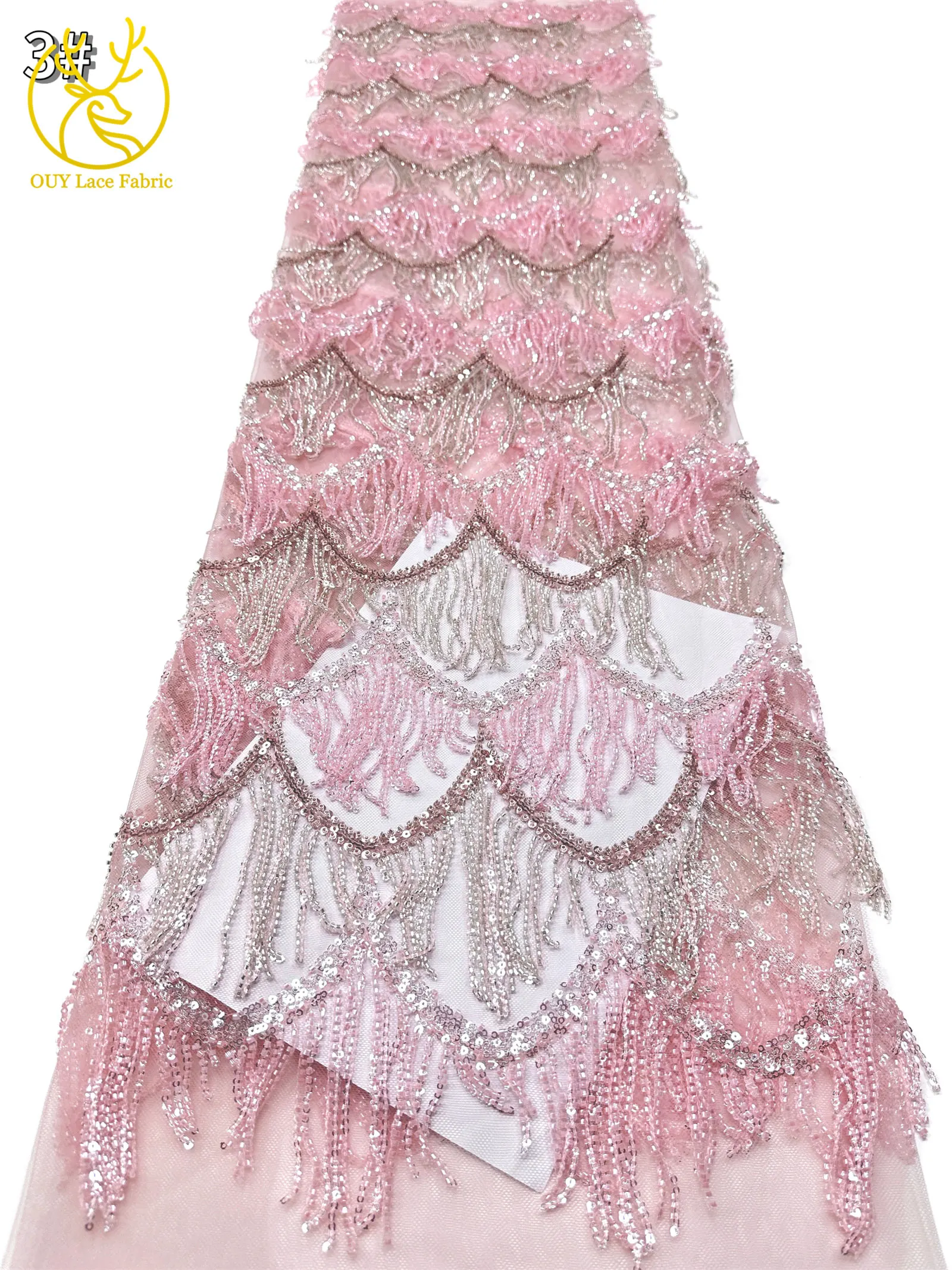 Hochwertiger nigerianischer 3D-Hängeperlen-Spitzenstoff, 5 Yards, hochwertiger französischer afrikanischer Pailletten-Spitzenstoff für Mädchen-Abendpartys – Detail 31