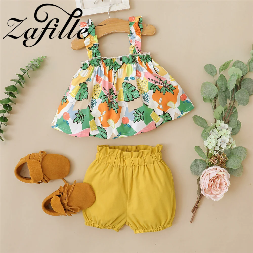 ZAFILLE Summer Kids Girls Clothing Suspenders Top+Solid Shorts Casual Toddler Baby Outfts Children Tracksuit Cute Girls Clothes