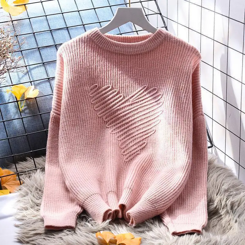 Round Neck Screw Thread Autumn Winter Solid Color Pullover Sweater Knitted Long Sleeve Women\'s Clothing Screw Thread Tops