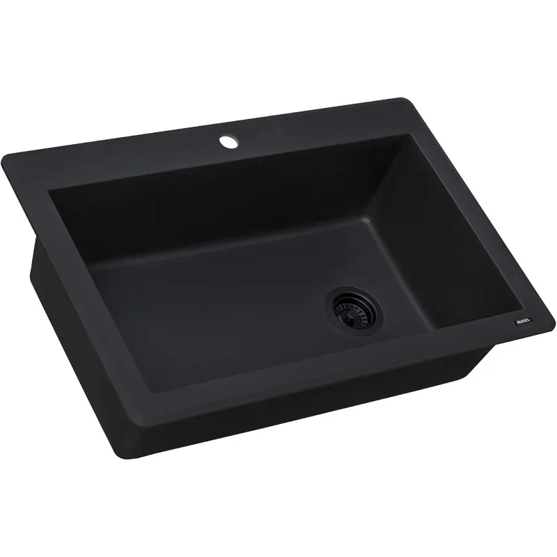 33 x 22 inch Drop-in Topmount Granite Composite Single Bowl Kitchen Sink Slope Bottom - Midnight Black - RVG1033BK