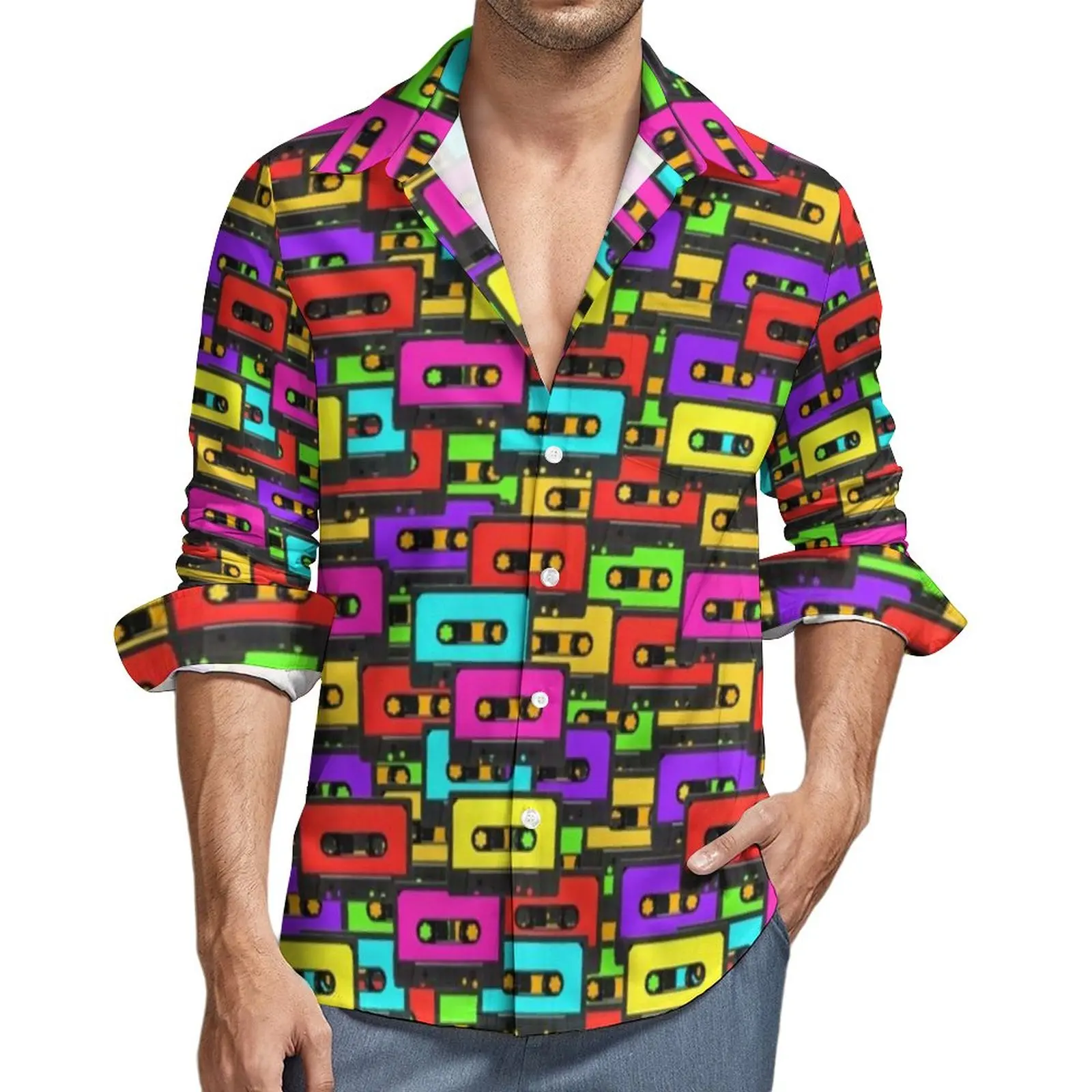 

Music Casual Shirts Male Colorful 80s Audio Tapes Shirt Long Sleeve Fashion Y2K Blouses Autumn Design Clothing Big Size