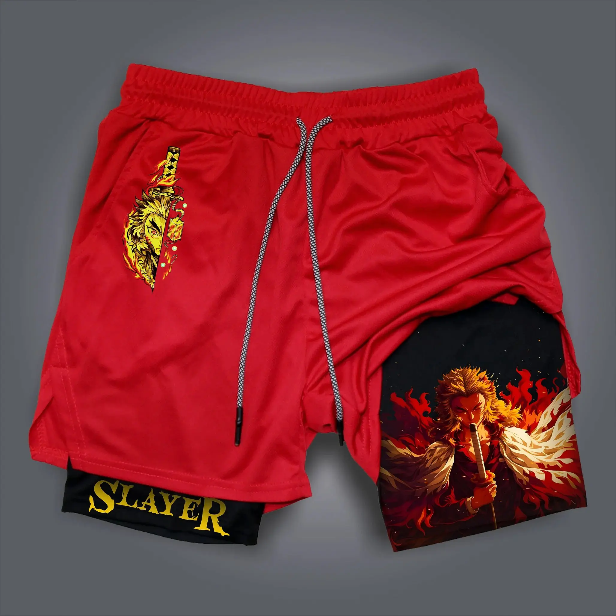 Nova moda verão demon slayer calções de ginásio homem streetwear casual anime impressão shorts dupla camada calças de fitness esportivas y2k