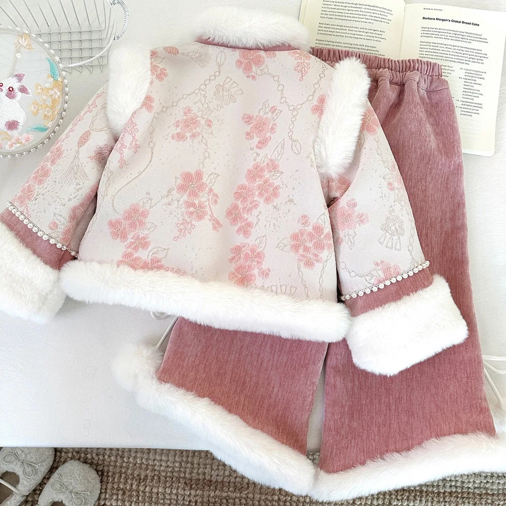 2025 Winter Girls' Suit Padded New Chinese New Fashion Fur Splicing Thickened Top Pants Two Piece Set 90-150cm