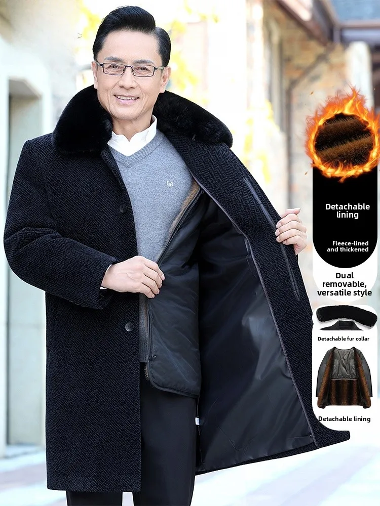 

Thiened Winter Coat for ly Men Woolen Coat Long Collar Fce Lined Busin Casual Sle Mid-Length Single Button