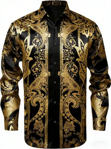 2026 Men's Retro Casual Long Sleeve Shirt Baroque Pattern Printed Shirt Hawaiian Outdoor Wedding Social Plus Size Men's Clothing