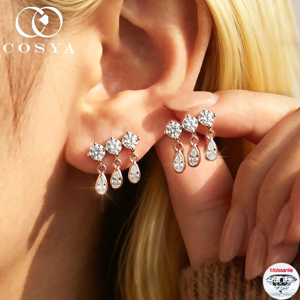 

COSYA Pear Cut Full Moissanite Earrings for Women Girl S925 Sterling Silver Sparkling Waterdrop 3 Rows EarStud Jewelry Gifts