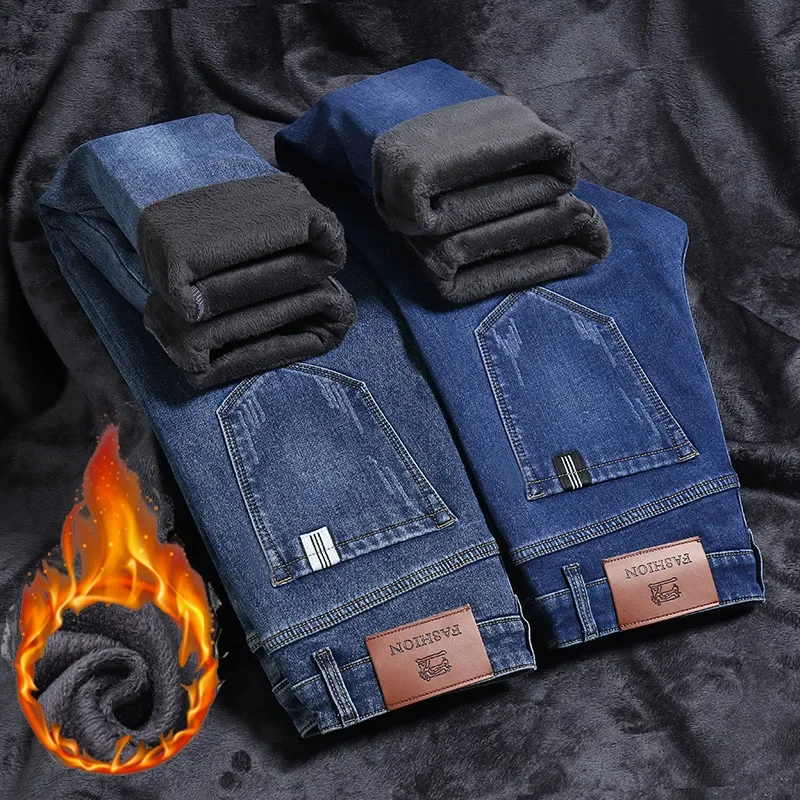 2025 Winter Brand Men High Quality Warm Flannel Plush Jeans Thick Fur Stretch Slim Retro Denim Pants Casual Male Fleece Trousers