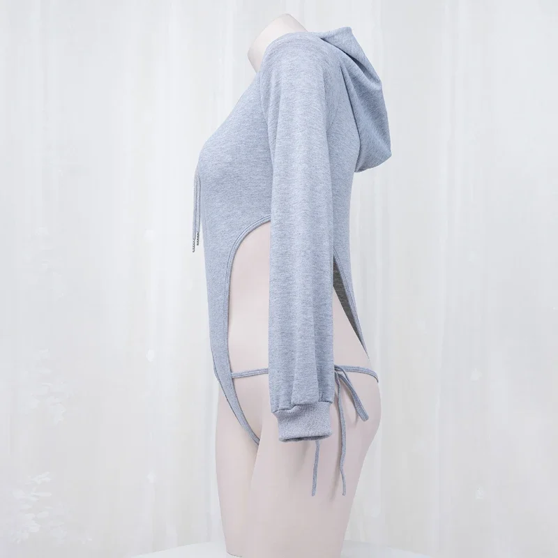 أنيمي فتاة المرأة رمادي كم طويل مقنع هوديي ارتداءها زي تأثيري ضمادة عالية الشق Playsuit هوديي الزي الملابس الداخلية فتاة