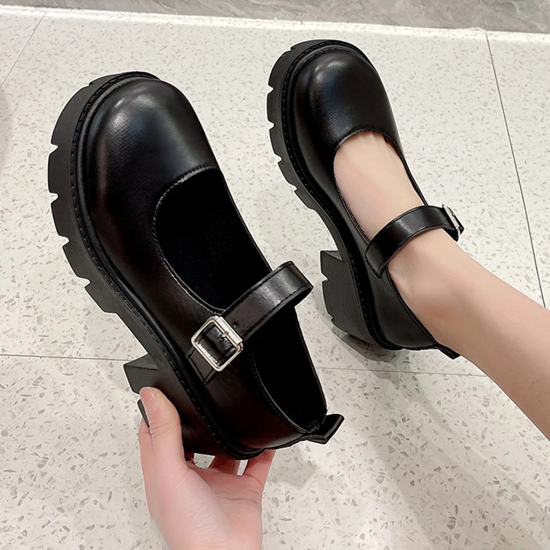 Black Ankle Buckle Platform Pumps Women Japanese Style Patent Leather Mary Jane Shoes Woman Punk Thick Heels Lolita Shoes Mujer