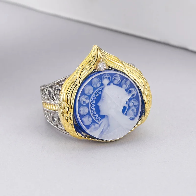 925 Silver Two Tone Plating Blue Agate Zircon Resizable Rings For Women Italian Hollow Craft 3D Cameo Goddess Unique Chic Ring