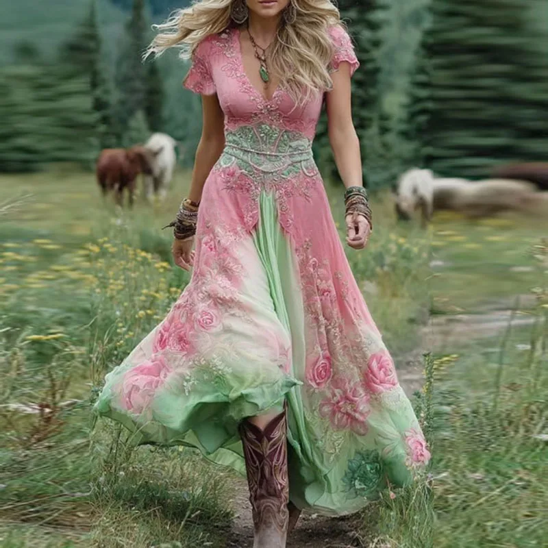 Mujer Abiti vintage patchwork con stampa floreale etnica Donna Abito lungo sexy a trapezio con scollo a V profondo Abito lungo Boho a maniche corte estivo