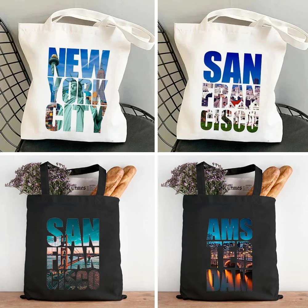 London New York Amsterdam Miami San Francisco Split Vegas Paris Letter Women\'s Canvas Shoulder Totes Bag Cotton Shopping Handbag