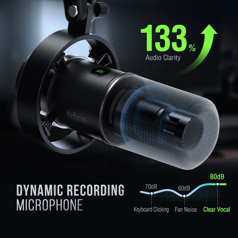FIFINE USB/XLR Dynamic Microphone with Shock Mount,Touch-mute