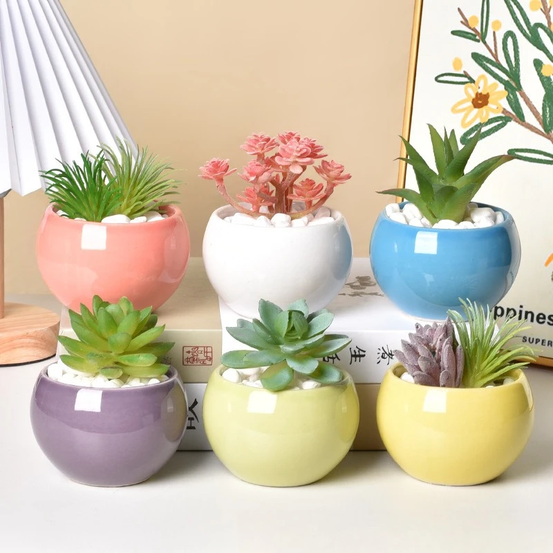 Ceramic succulent flowerpot macaron spherical perforated green plant small potted plant creative interior decoration