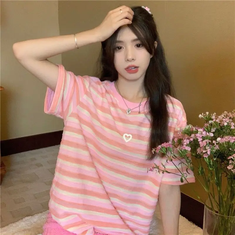 

Women Summer Korean Simplicity Striped Cotton O-neck Short Sleeve Tshirt Women Clothing Korean Casual Refreshing All-match Tops