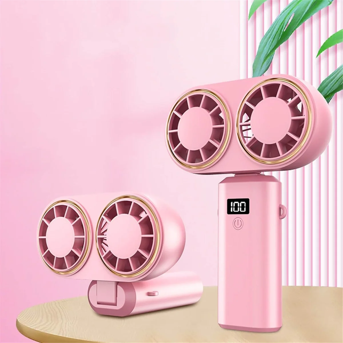 A52QПортативный ручной вентилятор с зарядкой через USB, двойной вентилятор, цифровой дисплей, перезаряжаемая батарея, розовый