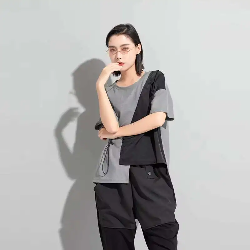 Ladies Short Sleeve T-Shirt Street Hip Hop Personality Stitching Asymmetrical False Two Sets Of New Summer Large Short Sleeve