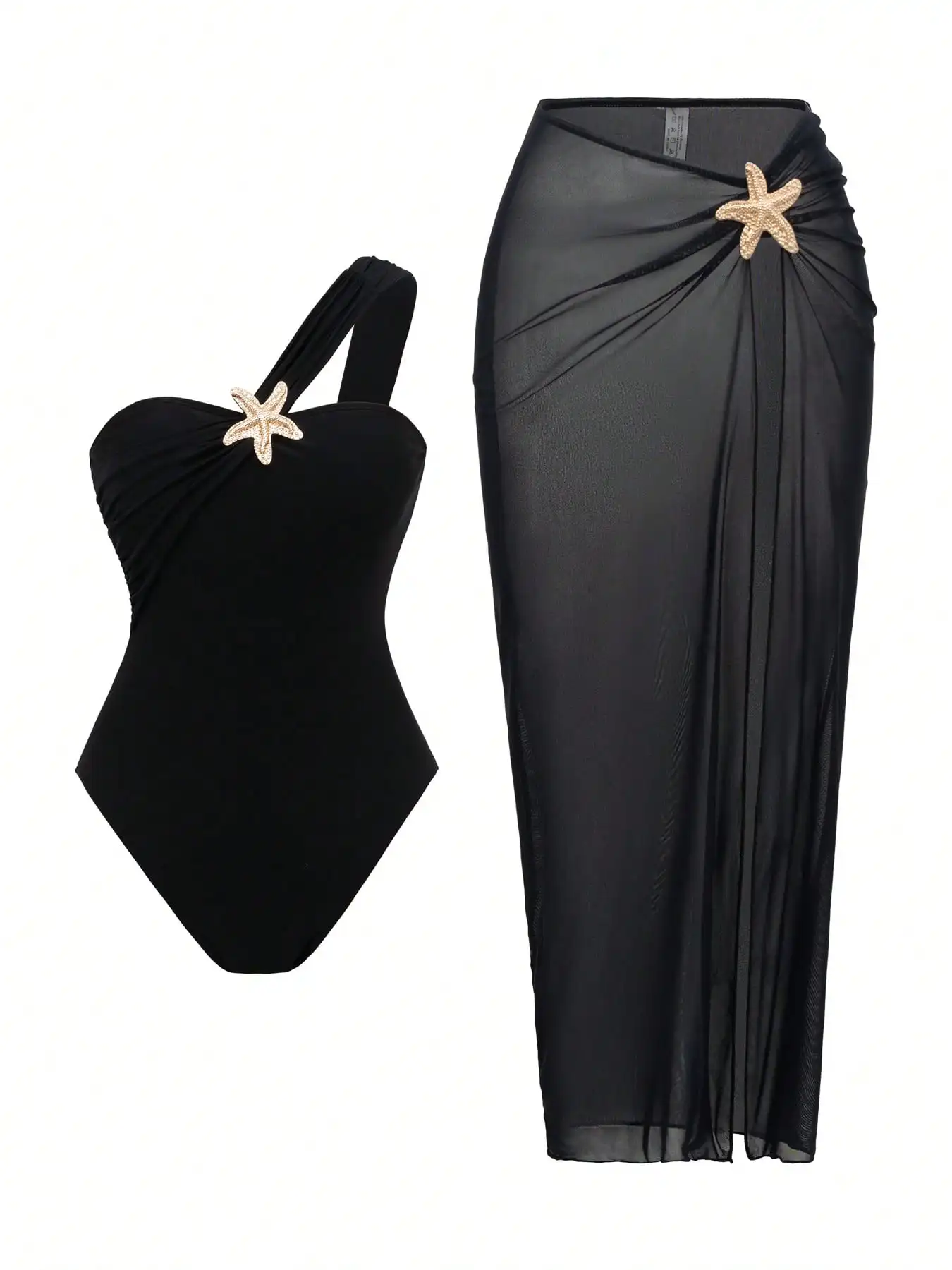 

Черный цельный купальник с декоративными элементами в виде звезд и прозрачной юбкой-накидкой в комплекте