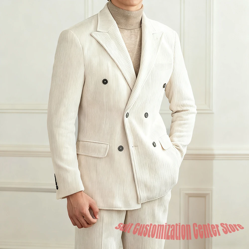 

Белый вельветовый мужской костюм, двубортный пиджак с остроконечными лацканами, комплект из 2 предметов, зимний теплый костюм для свадебной вечеринки, одежда для официальных мероприятий