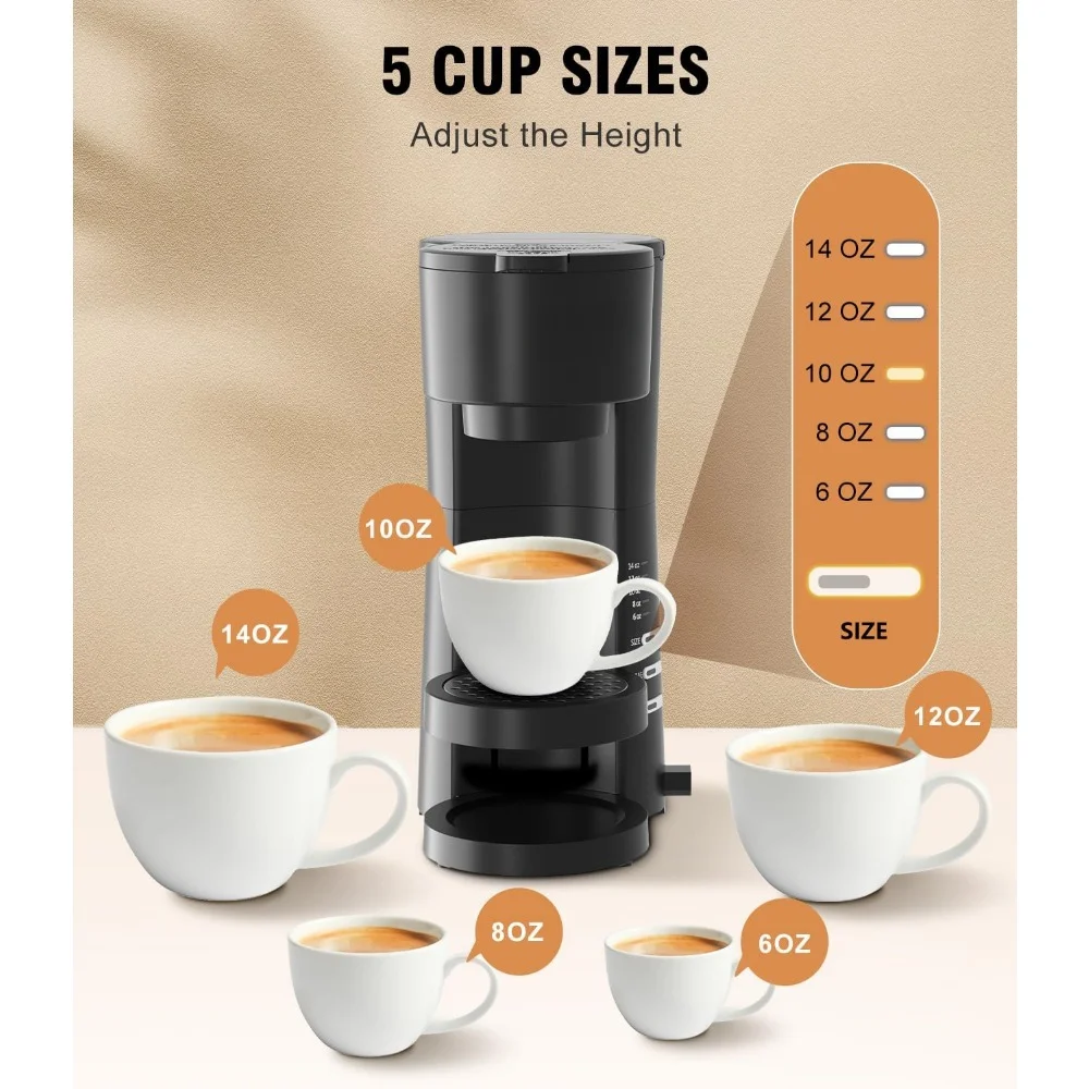 Single Serve Coffee Maker para K Cup e Coffees moídos, Milk Frother, 6 a 14 Oz Brew Tamanhos, Auto-Off Coffee Machine