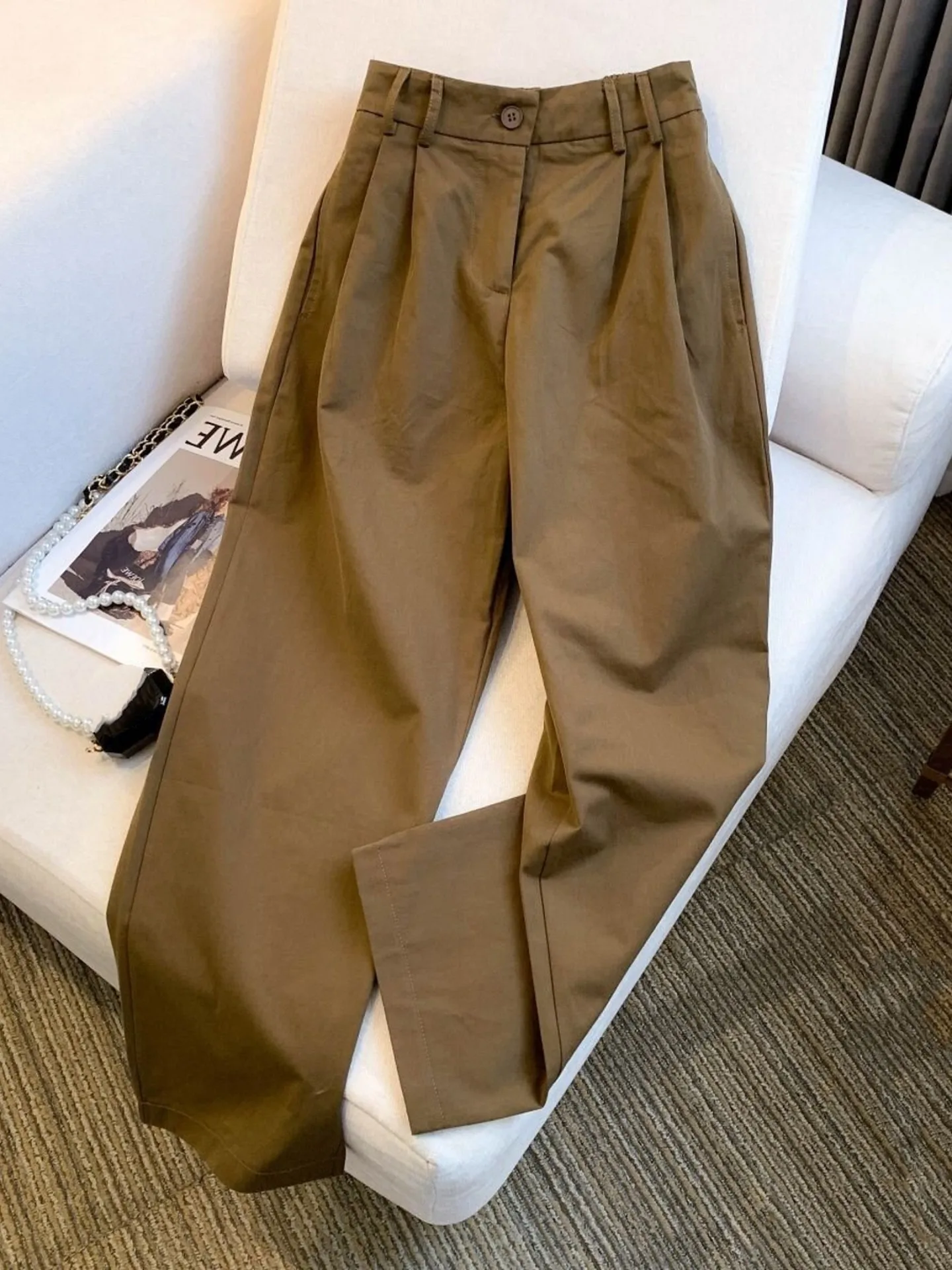 High Waist Wide Leg Pants Women's Casual Thin Summer Loose Straight Cut Suit Pants Korean Style Commute Wind Pocket Design