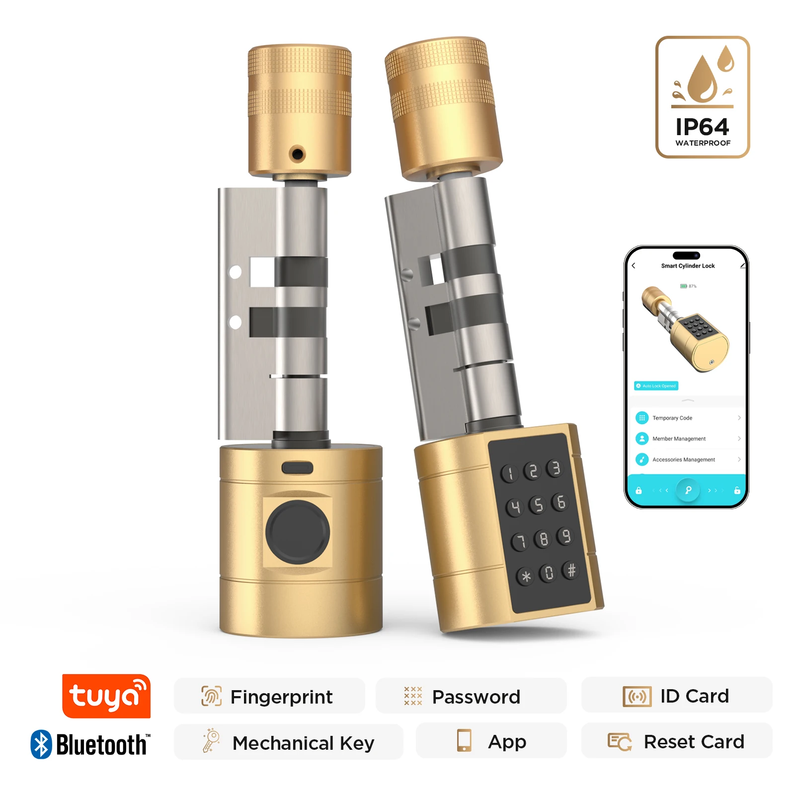 Viladepot Smart Lock Zylinder-Fingerabdruck-Türschloss mit TYPE-C-Schnittstelle, App-Steuerung, Passcode, ID-Karte, für den Innenbereich