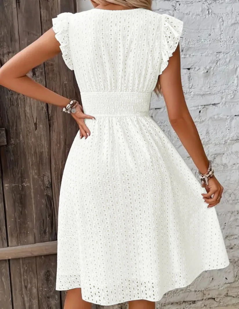 Cross Border Lotus Leaf Sleeve Dress, Women's Summer V-Neck Hollowed Out Embroidered Jumpsuit, Medium Length Skirt