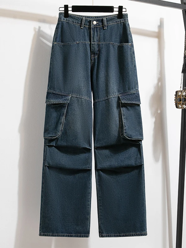 

Retro American Waed Multi-ket Workwear Denim Pants High Waist Loose Fit Casual High Waist Cotton Ladies Jeans