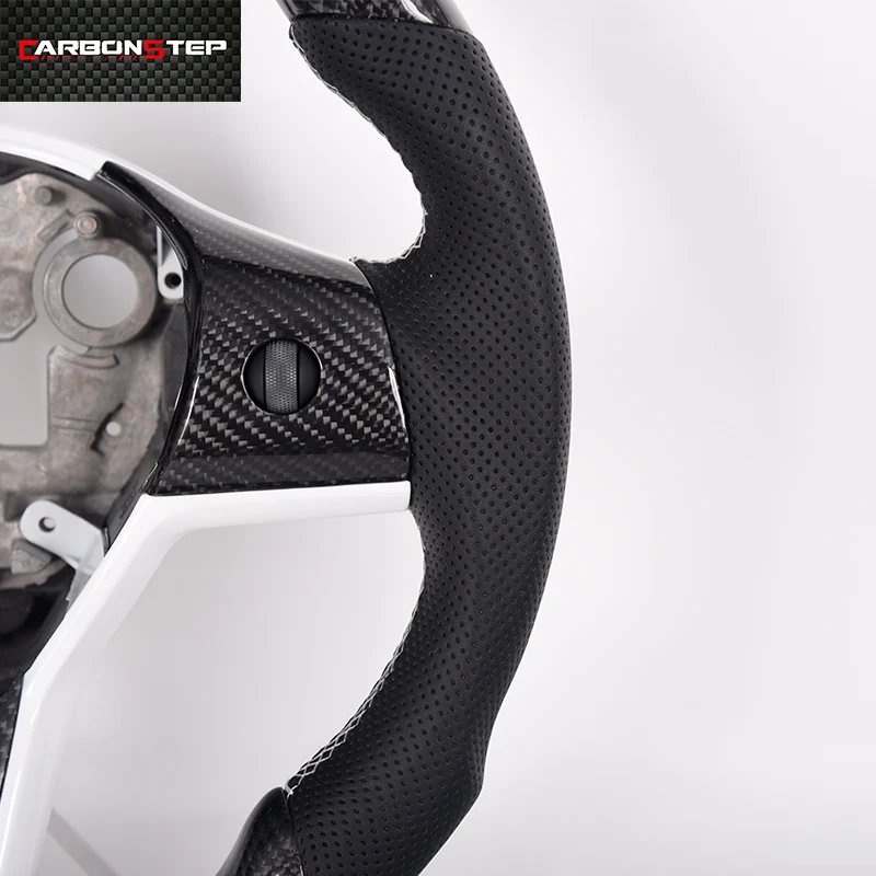 Gloss Carbon Fiber Steering Wheel Black Leather Flat Yoke Sterring Wheels for Tesla Model 3 Y X S - view 2